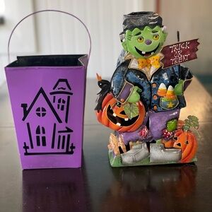 Whimsical Halloween metal Frankenstein & Purple Haunted House Candle Holders